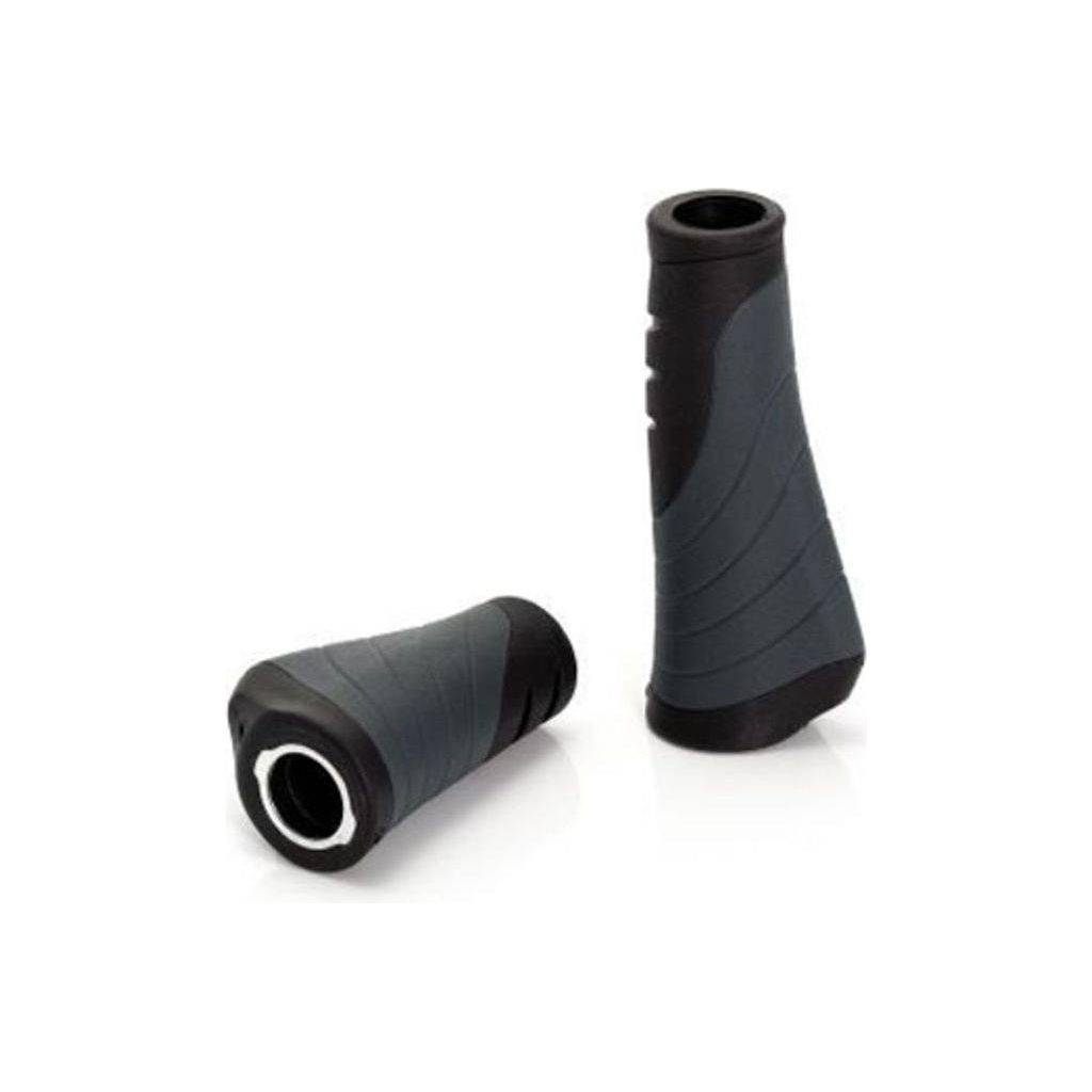 Zwart en grijs XLC Ergo handvat Gr-S04, 135/92 mm, zichtbaar op een fiets stuur, comfortabel en ergonomisch ontwerp