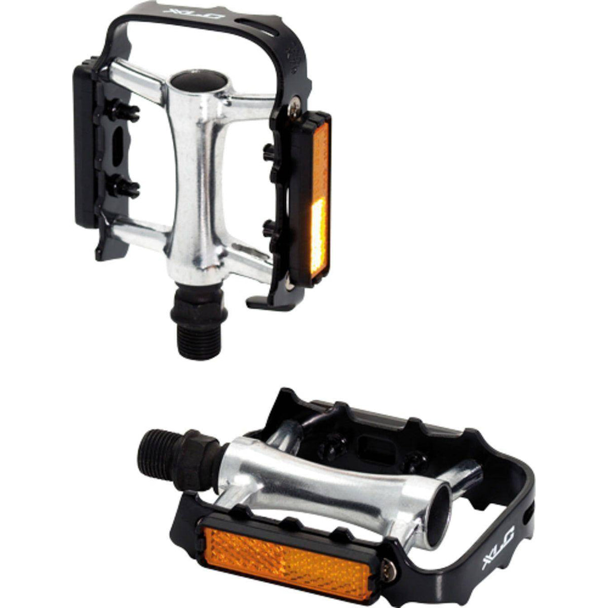 Zwarte en zilveren XLC MTB pedalen PDM04 van ultralicht aluminium, geschikt voor ATB fietsen.