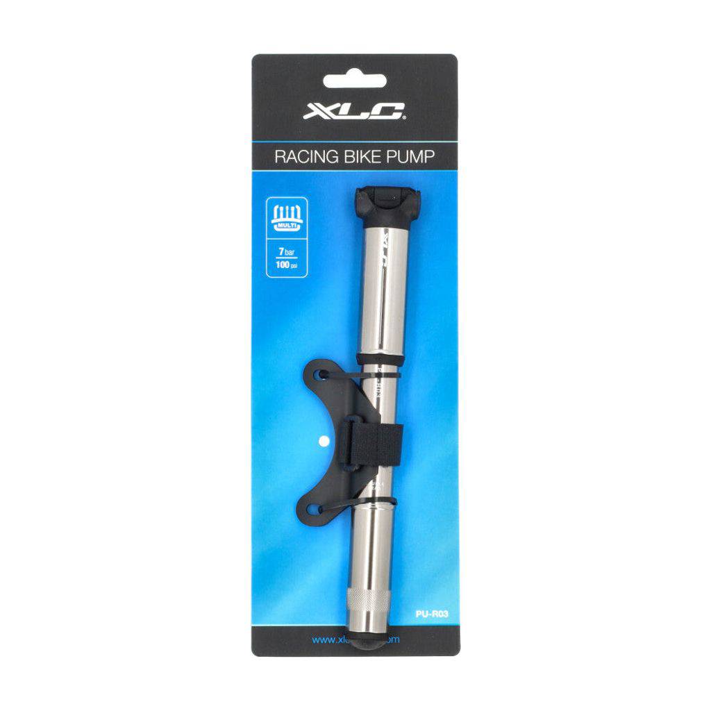XLC minipomp van aluminium, blauw en zilver, 220 mm, geschikt voor DV, SV en AV banden, compacte en lichte handpomp.