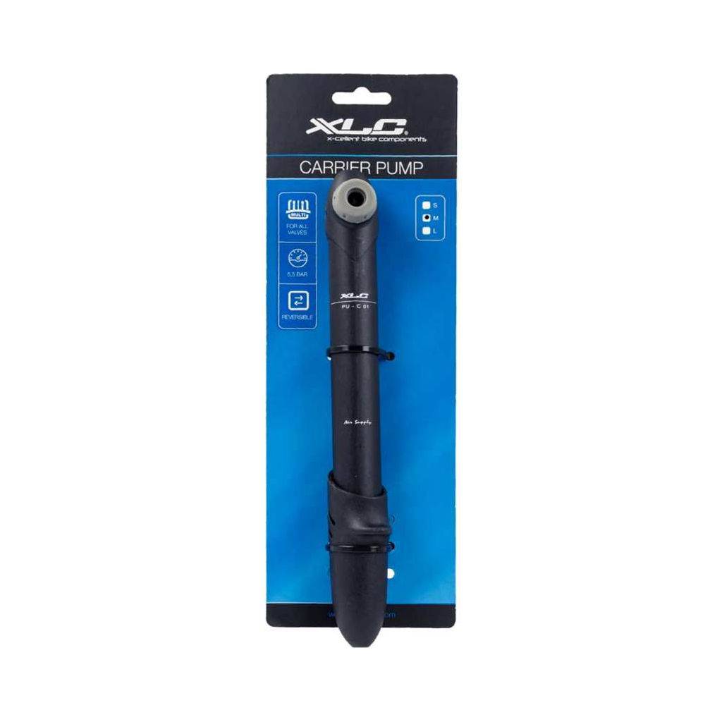 Zwarte XLC minipomp handcarrier van PVC, 243 mm lang, geschikt voor fietsbanden en kleine inflatietaken.