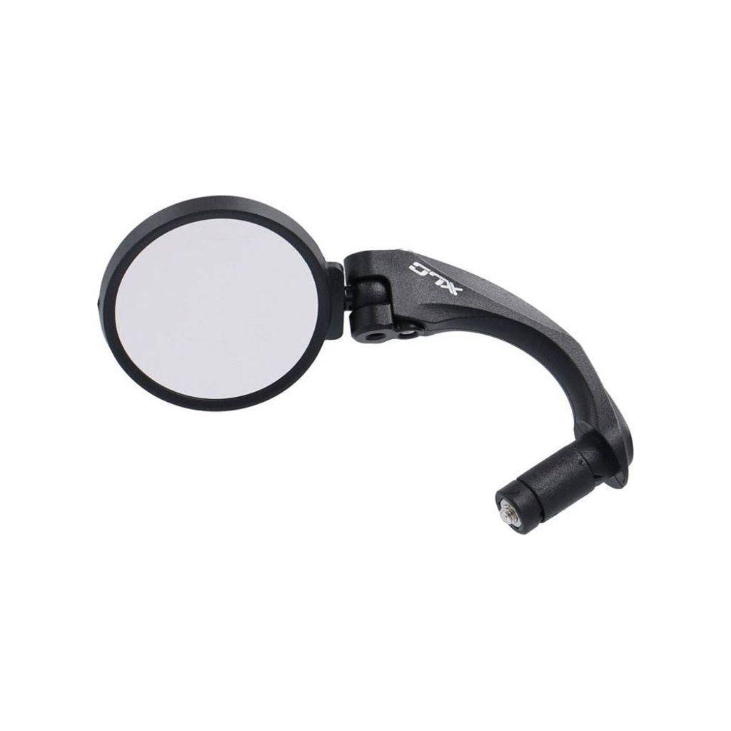 Zwarte XLC Mr-K15 fietsspiegel aan stuur met 16-21mm diameter, zichtbaar bevestigd op fiets stuur.