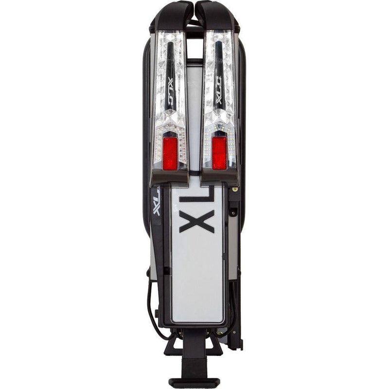 Zwarte en zilveren XLC Azura Xtra WT VC-C10 fietsendrager voor 2 fietsen, opklapbaar en kantelbaar, trekhaak montuur.
