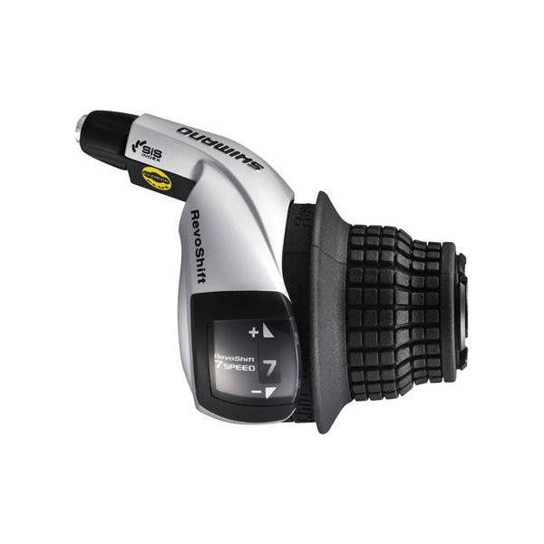 Shimano Tourney SL-RS45 7-speed Revo rechts shifter in zwart en zilver, ontworpen voor comfortabele fietsversnellingen.