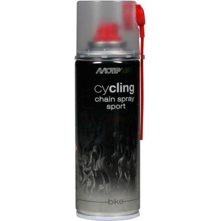 Motip Chainspray Sport 200ml smeermiddel voor kettingen, sprayfles met rode dop en label, geschikt voor motorfietskettingen.
