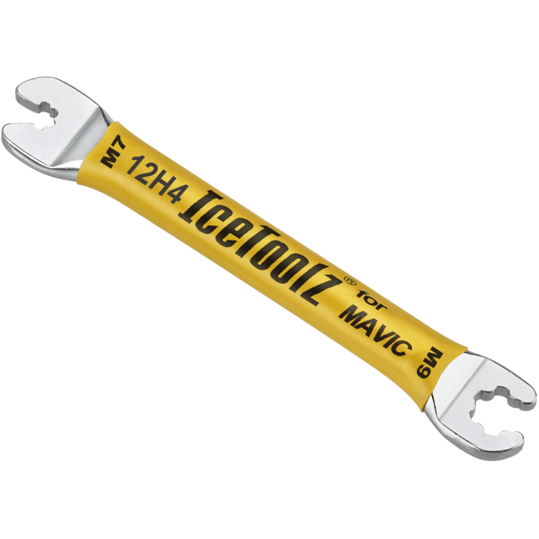 Gele Icetoolz 12H4 Mavic spaaknippelsleutel, geschikt voor spaakgereedschap, ligt op een witte achtergrond.