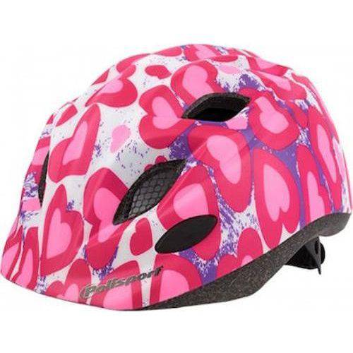 Polisport Glitter Hearts kinderfietshelm in roze en wit, in-mold ontwerp, geschikt voor hoofdomvang 52-56 cm