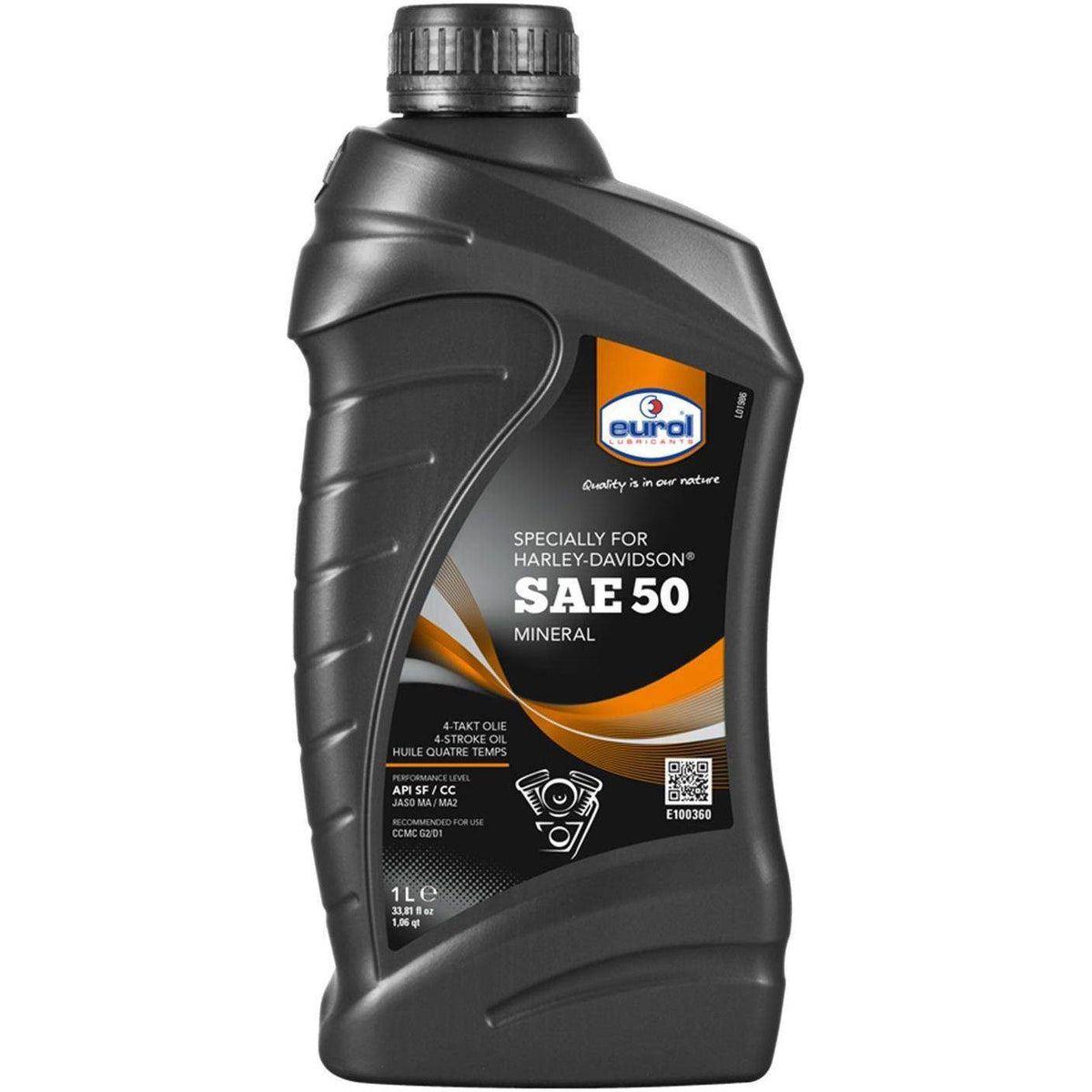Eurol Harley Davidson carterolie SAE 50, 1 liter, motorolie met donkere vloeistof en fles met label zichtbaar