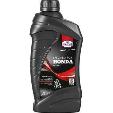 Fles Eurol Honda motorolie van 1 liter met label en dop, geschikt voor auto's en motoren.