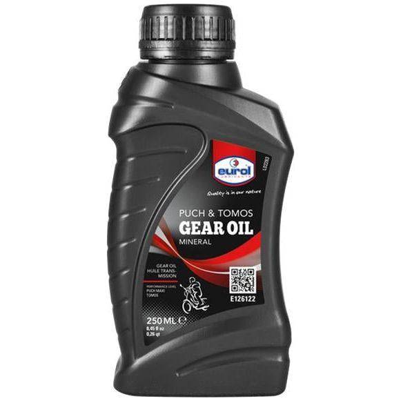 Fles Carterolie Eurol Puch Maxi van 250 ml, geel plastic fles met rode dop en label, geschikt voor motorfietsen.