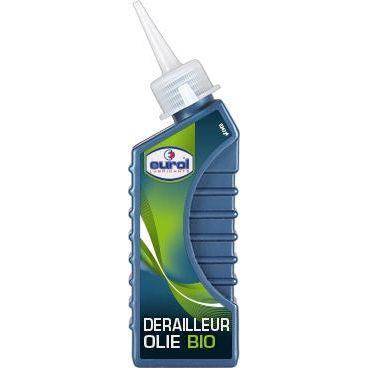 Biologische Derailleurolie Eurol 100ml fles met pipet voor haarverzorging, heldere olie met natuurlijke ingrediënten, close-up op de fles