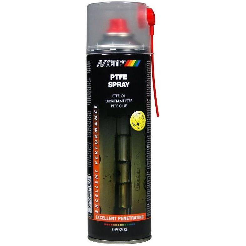 Sprayfles met Motip PTFE-smeermiddel van 500 ml voor soepel en duurzaam smeren, zichtbaar in de afbeelding.
