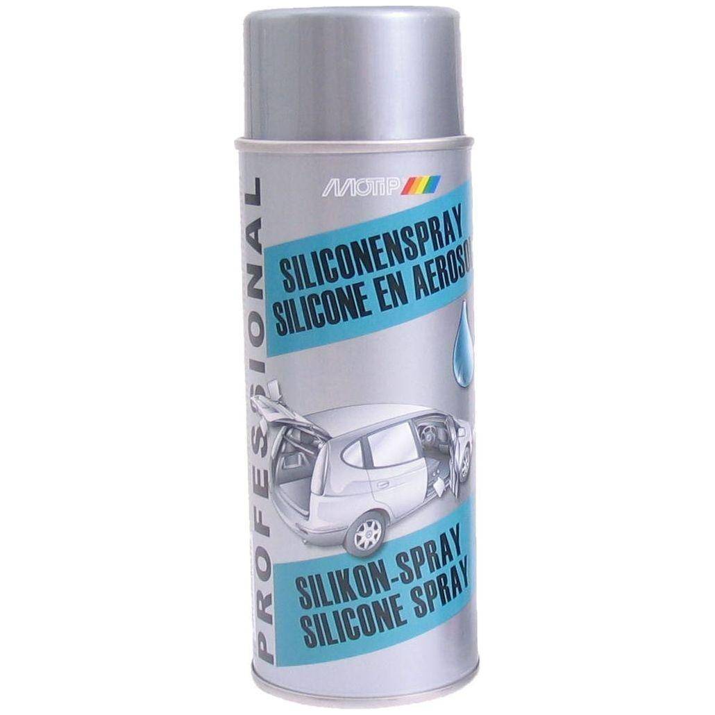 Siliconenspray van Motip, 400 ml, in een spuitbus, zichtbaar op de afbeelding, ideaal voor smering en waterafstotende toepassingen