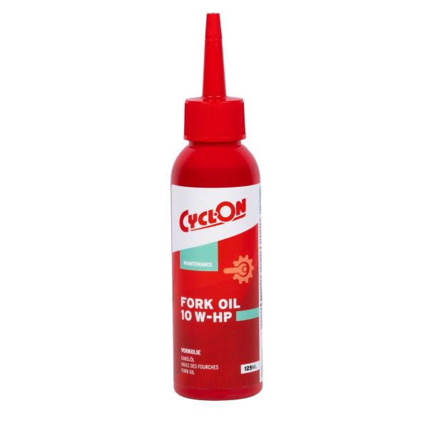 Fietsvoorvork olie CyclOn Fork Oil 10 W-Hp in een heldere fles, geschikt voor het smeren van fietsvering en vorken.