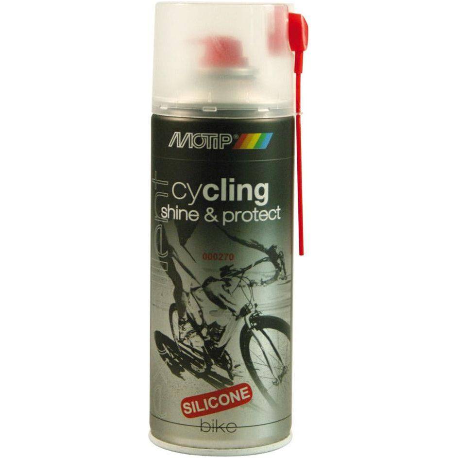 Motip Cycling bikeshine en beschermmiddel in spuitbus, smeermiddel voor fietsen, 400 ml, zichtbaar in de afbeelding.