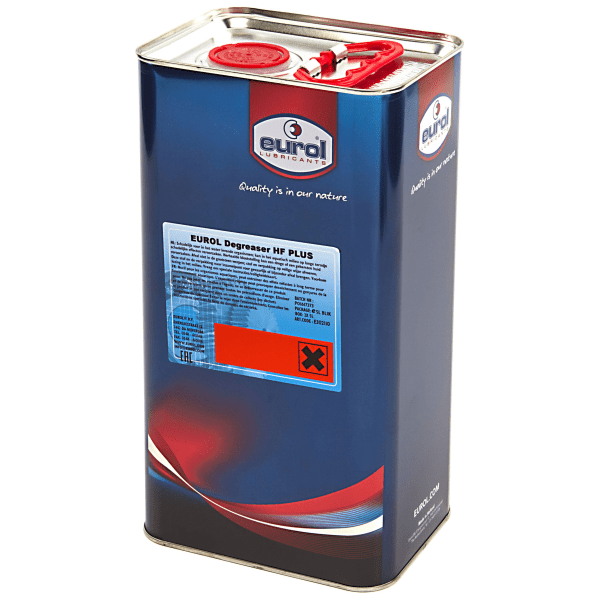 Eurol Hf Plus ontvetter in 5 liter container, geschikt voor industriële reiniging en grondige vetverwijdering.