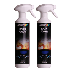 Reinigingsmiddel Rain Away 500ml van Motip, schoonmaakproduct met sprayfles voor waterafstotende bescherming.