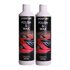 Polish en wax van Motip in een 500 ml fles, zichtbaar met glanzende afwerking en gebruiksklaar voor auto-onderhoud.