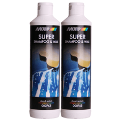 Motip Super Shampoo en Wax 500ml, reinigingsproduct voor auto’s met glans en bescherming, zichtbaar in de afbeelding.
