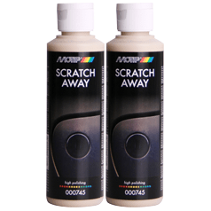 Motip Scratch-Away onderhoudsproduct in 250 ml fles, zichtbaar op de afbeelding, geschikt voor krasverwijdering en onderhoud.