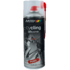 Siliconenspray van 200 ml van Motip, smeermiddel met glijdende werking, zichtbaar in de afbeelding op de verpakking.