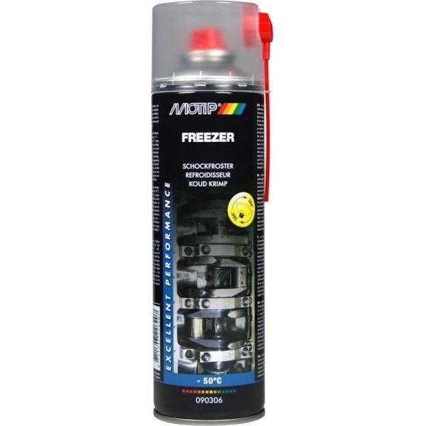 Motip Freezer/Koud Krimp spray in 500ml sprayfles, onderhoudsproduct voor het krimpen en beschermen van materialen.