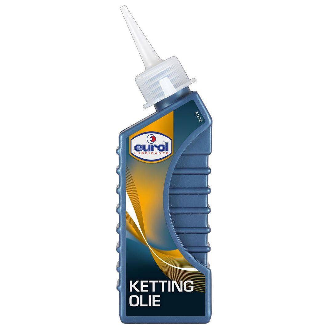 Eurol kettingolie 100 ml, reinigingsmiddel voor kettingen en mechanische onderdelen, zichtbaar in de afbeelding.