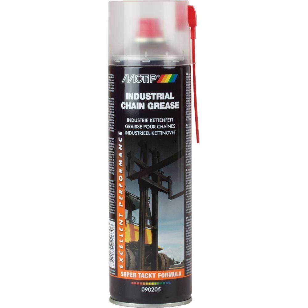 Motip industrial kettingspray in 500ml fles, smeermiddel voor kettingen met olieachtige textuur en sprayfunctie.