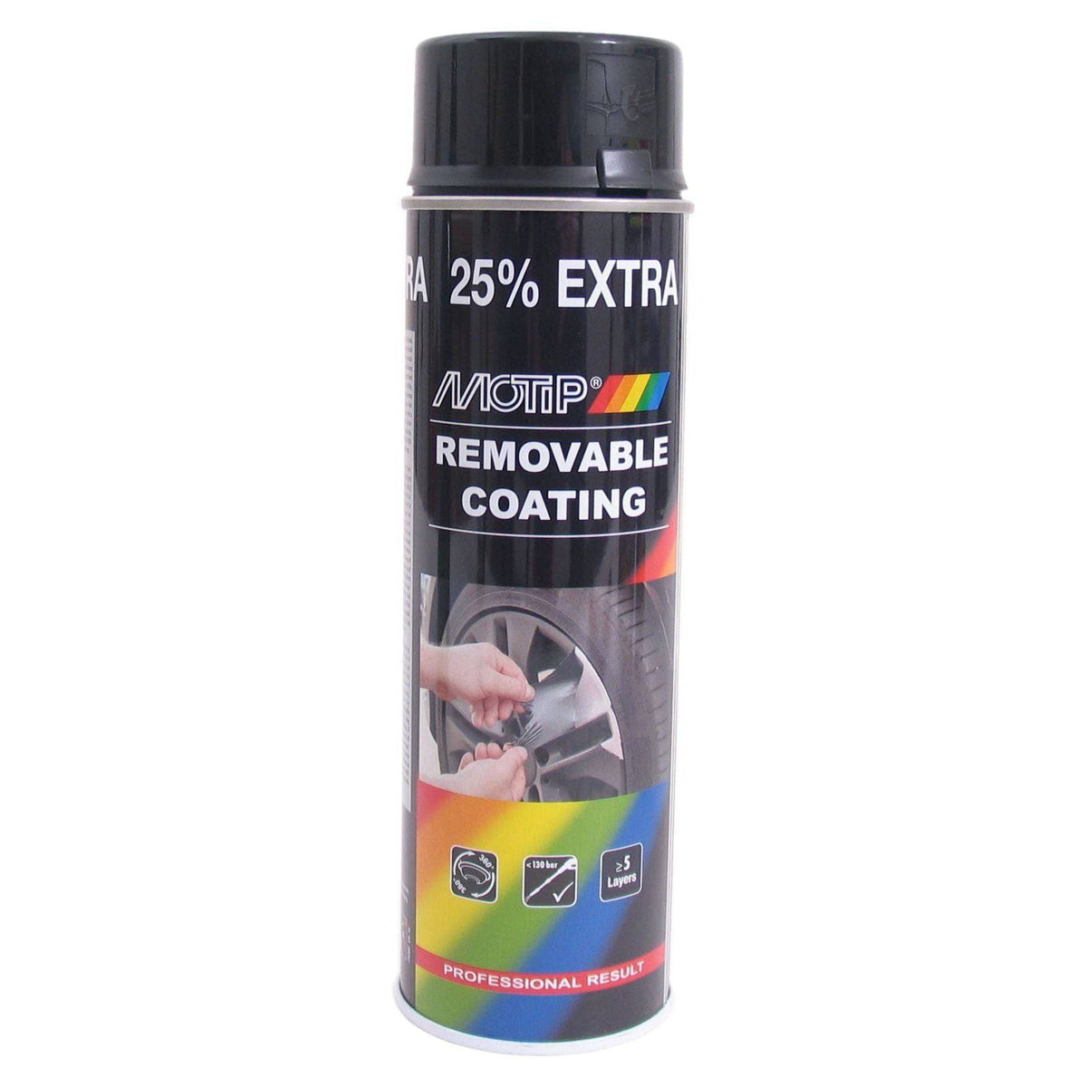 Sprayplast Motip in glanzend zwart, spuitbus van 500 ml voor verf en bescherming, zichtbaar in de afbeelding.