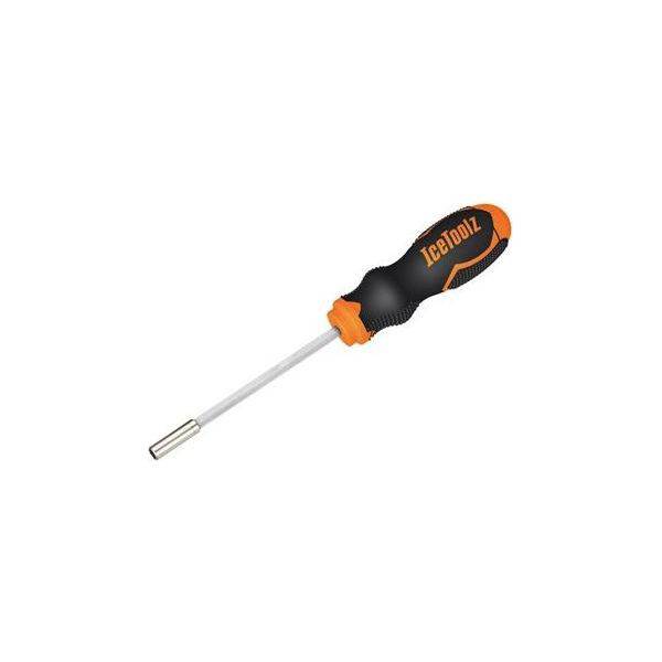 Icetoolz spaaknippelsleutel 12D3 voor 3,6 mm vierkante nippels, geschikt voor fietsspaakgereedschap, ligt op een werkbank