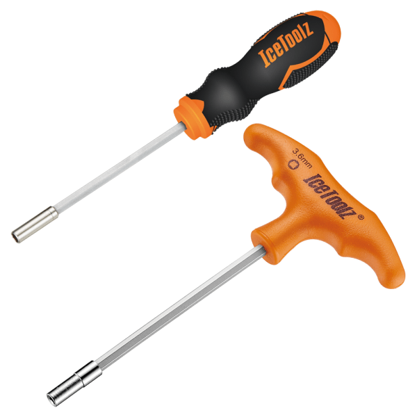 Icetoolz spaaknippelsleutels 12D5 voor 3,6 mm vierkante nippels, geschikt voor fietswielen en spaakgereedschap.