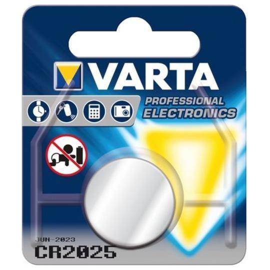 Varta CR2025 knoopcel lithium batterij, 3V, close-up van de knoopcel met label zichtbaar