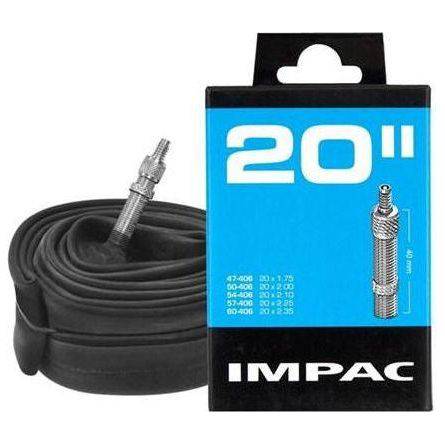 Impac binnenband 20 inch met ventiel, 40 mm lengte, geschikt voor fietsen, zichtbaar in de afbeelding.