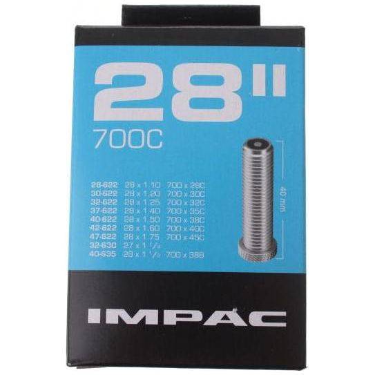 Impac 28 inch binnenband met 40mm ventiel, geschikt voor 28/47-622/635 banden, zichtbaar op de afbeelding.