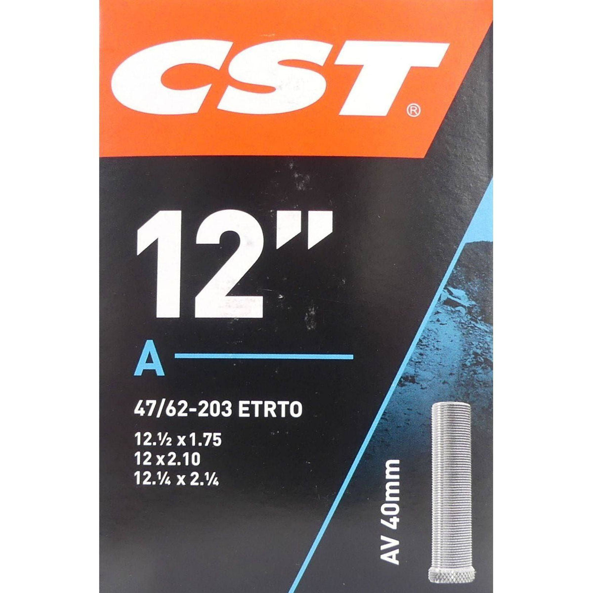 CST binnenband Av40 12 inch, geschikt voor fiets met 12 ½ x 2 ¼ banden, zichtbaar in de afbeelding