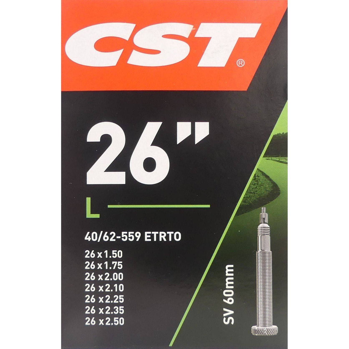 CST binnenband 26 inch met maat 40/62-559, geschikt voor fietsbanden 1.50-2.50 inch, liggend ventiel, geschikt voor mountainbike of stadsfiets