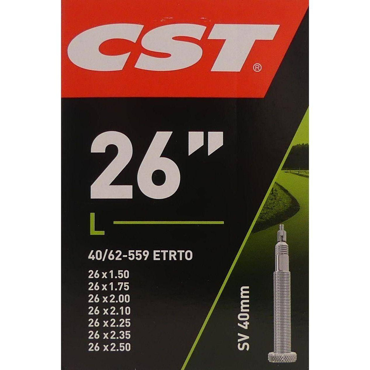 CST binnenband 26 inch voor fiets, 40/62-559, geschikt voor banden 1.50-2.50 inch, met ventiel en stevige constructie.