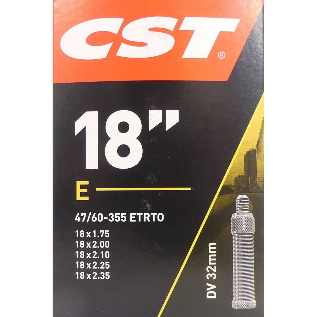 CST binnenband 18 inch, DV32 47/60-355, geschikt voor fietsbanden 1.75-2.35 inch, ligt op een witte achtergrond