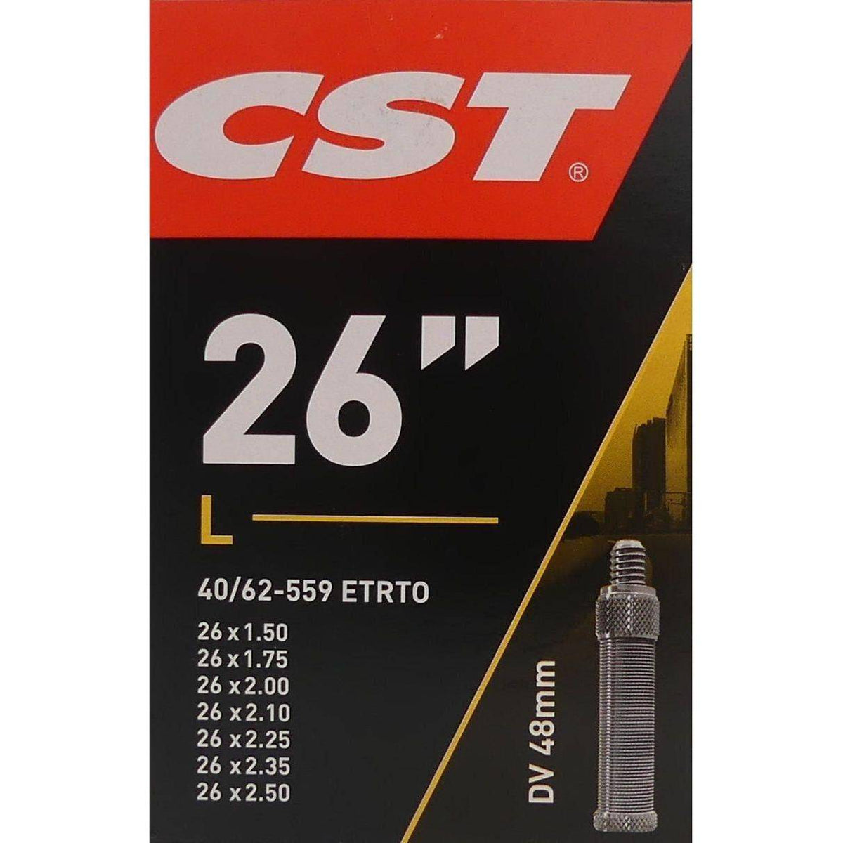 CST binnenband Dv48 26 inch met maat 40/62-559, geschikt voor fietsbanden, zichtbaar met ventiel en rubberen rand