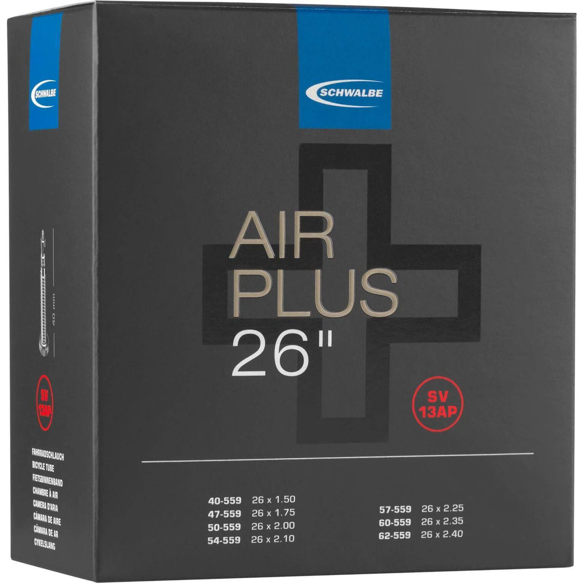Schwalbe Binnenband Sv13Ap Air Plus 26 inch met ventiel van 40 mm, geschikt voor fietsbanden 40/62-559