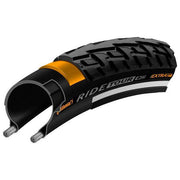 Zwarte Continental Ride Tour stadsfiets buitenband met reflectie, geschikt voor comfortabel stadsverkeer.