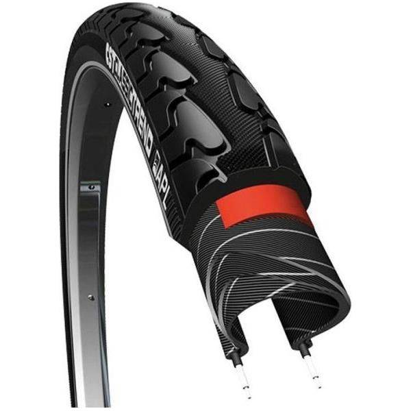 Zwarte CST stadsfiets buitenband 28x1,40 met reflectie voor extra zichtbaarheid en veiligheid.