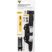 Topeak Essentials fietsonderdeel set met mini pomp en accessoires voor fietsreparaties, inclusief kleine Topeak product.