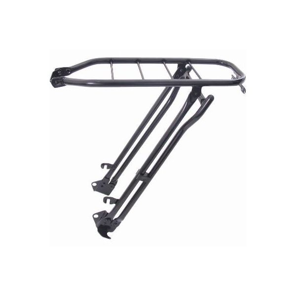 Zwarte Glanzende Steco Tour 28" bagagedrager met klapstandaard, geschikt voor fiets achterdrager.
