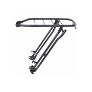 Zwarte Glanzende Steco Tour 28" bagagedrager met klapstandaard, geschikt voor fiets achterdrager.