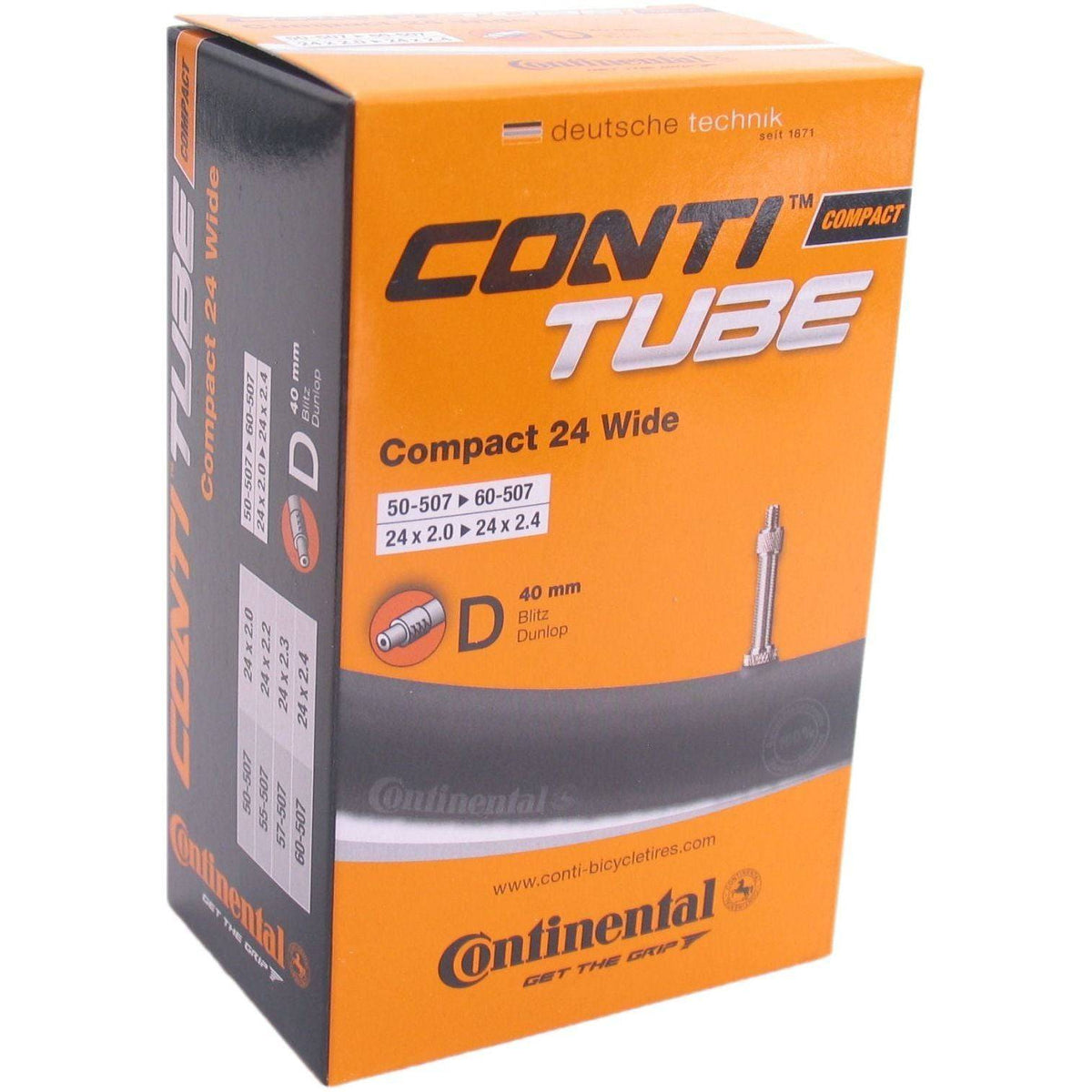 Binnenband 24 inch van Continental met 50/60-507 maat en Dv40Mm ventiel, geschikt voor compacte fietsen.