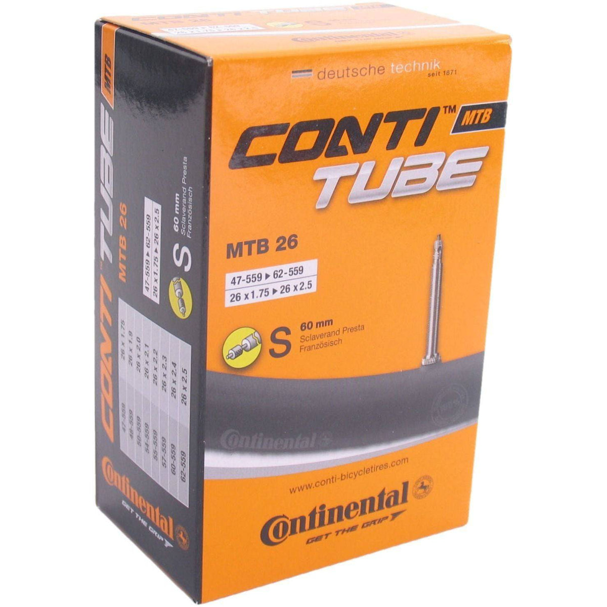 Binnenband 26 inch van Continental met 47/62-559 maat en Sv60Mm ventiel voor mountainbikes, zichtbaar in de afbeelding.