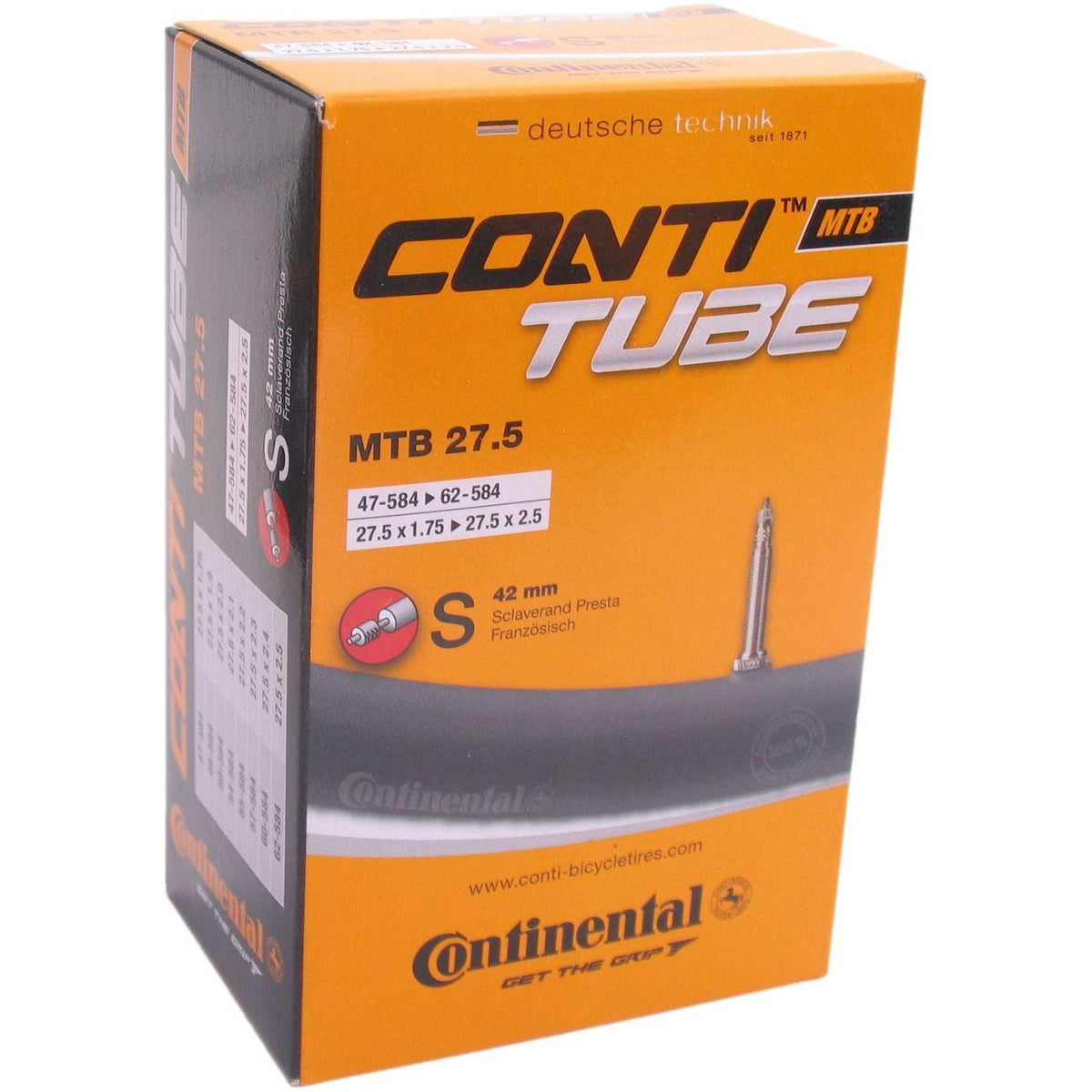 Binnenband 27.5 inch van Continental met 47/62-584 maat en SV 42 mm ventiel, geschikt voor fietsbanden.
