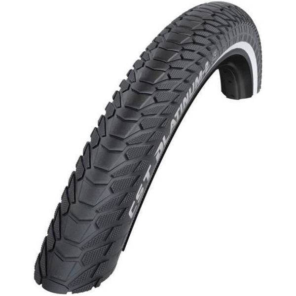 Zwarte CST Platinum-E 28-inch stadsfiets buitenband met reflectie, geschikt voor elektrische fietsen en geschikt voor stadsgebruik.