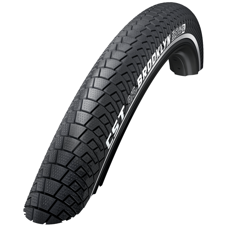 Zwarte CST Brooklyn Pro 20-inch e-bike buitenband met reflectie, geschikt voor elektrische fietsen.