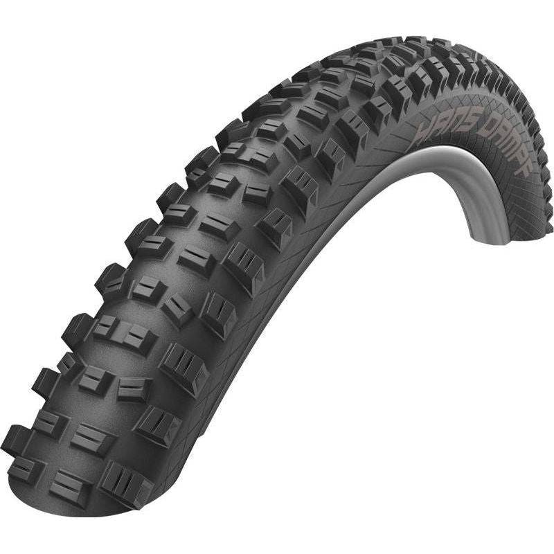 Zwarte Schwalbe Hans Dampf Addix Performance MTB vouwband 29x2.35 inch, geschikt voor mountainbikes, afgebeeld op de fiets.